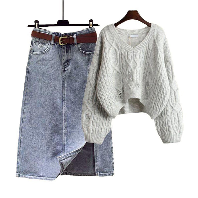 Plus Size Women's Spring and Autum Suit Women's 2025 New Knitted Sweater Slimming Look Versatile Denim Skirt Two-Piece Set