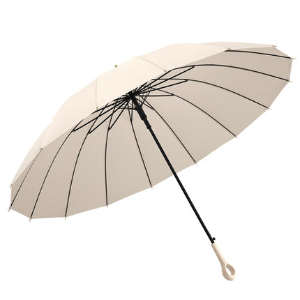 Solid color fresh 16-bone long handle umbrella double large rain-resistant straight rod umbrella High-looking ring handle long handle umbrella