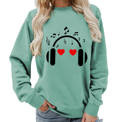 Music Headphones Love Printed Round Neck Women's Top Sweatshirt Foreign Trade Supply Autumn and Winter Coat Casual Loose European Size