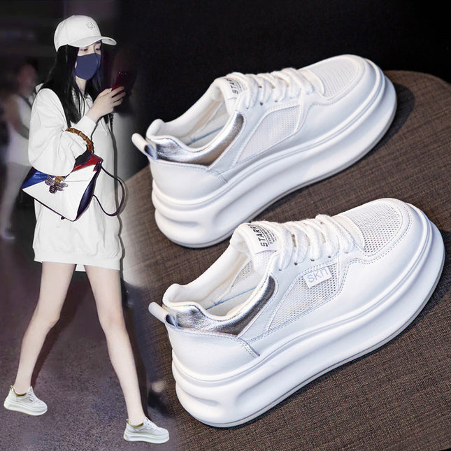 Women's White Sneakers with Hidden Height Increase, 2026 Summer Thin Mesh Breathable Sports Casual Sneakers, Popular Genuine Leather Platform Shoes