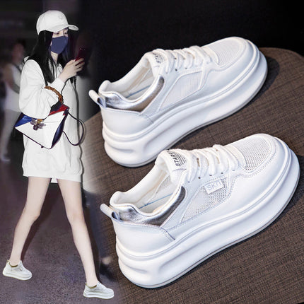 Women's White Sneakers with Hidden Height Increase, 2026 Summer Thin Mesh Breathable Sports Casual Sneakers, Popular Genuine Leather Platform Shoes