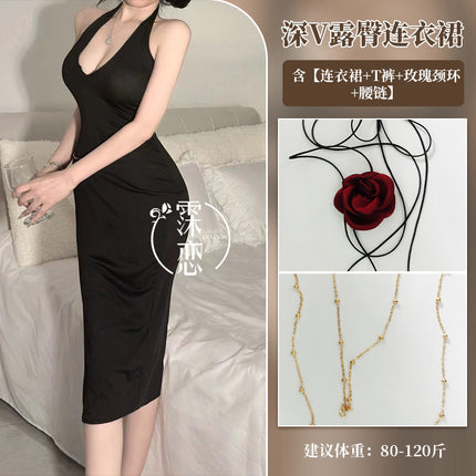 French Sexy Nightgown for Party, Deep V Breast-Revealing Dress, Sexy Pure Lust Red Nightgown, Bare Buttocks Sexy Intimates for Women