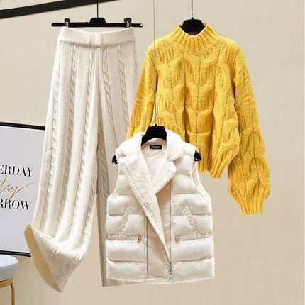 Winter suit Women's 2024 New Wearing Cotton Vest Thickened Sweater All-match Slimming Wide Leg Pants Three-piece Set
