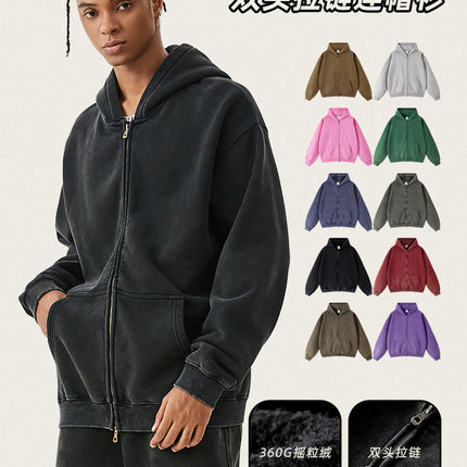 TILANI men's sweater cardigan fleece-lined thickened zipper coat 360g washed vintage waxed casual hoodie