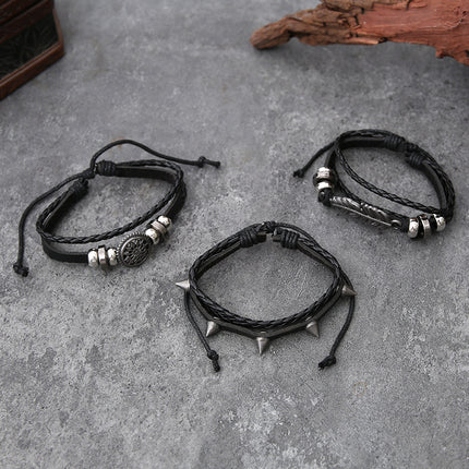 Cross-Border Hot-Selling European and American Jewelry Punk New Cowhide Buckle Bracelet Skull Beaded Leather Bracelet Jewelry