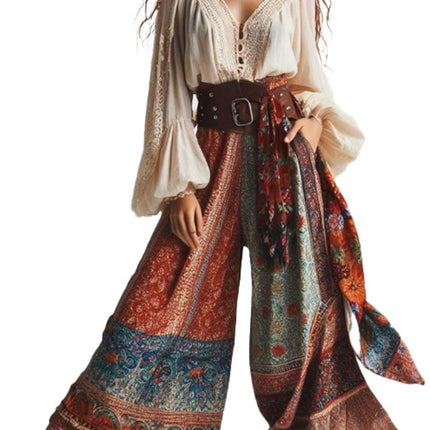 2025 Europe and the United States cross-border TEMU new hot selling Bohemian ethnic style printed color matching fashion casual pants women