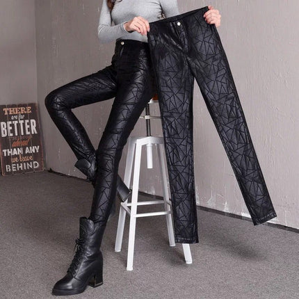 2025 Winter New Women's High-Waisted Slimming Leather Pants, Matte Black Skinny Leggings for Outerwear