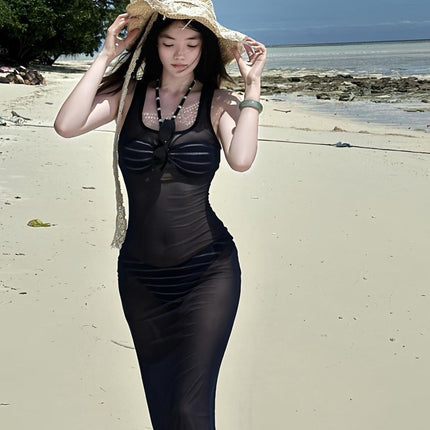 New Model from the Source Manufacturer: Deep Blue See-Through Tank Top Dress, Mesh Cover-Up, Sexy Hot Girl Bikini Swimsuit for Women