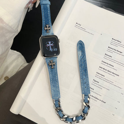 Denim Crocore Double Ring Genuine Leather Thin Strap for Apple Watch iwatchS987654SE Women Ultra