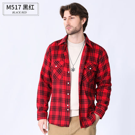 2026 Spring Cross-Border Trade American Retro Flannel Men's Long-Sleeve Brushed Plaid Shirt Men's Cool Jacket