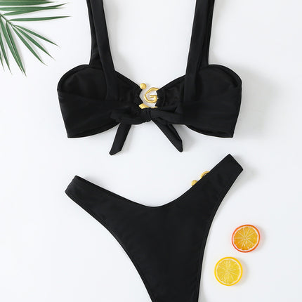 2025 New European and American Cross-border Bikini Solid Color Lace-up Low Waist Sexy Bikini Split Swimsuit Women's Swimwear