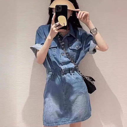 Summer Denim Skirt Women's Retro Hong Kong-style Light Color European-made Short Skirt Age-reducing Thin Korean-style Waisted dress