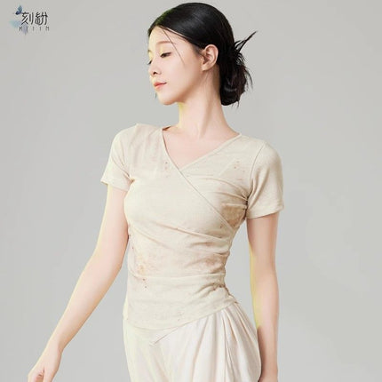 Classical Dance Printed Retro Slim Dance Clothing Tops Chinese Dance Ancient Style Body Training Clothing Short-Sleeved Gauze Clothing