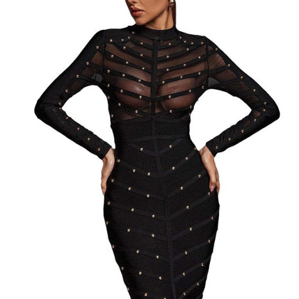 Cross-border e-commerce European and American Foreign Trade women's clothing heavy industry nailing perspective mesh long sleeve dress bandage dress hot sale