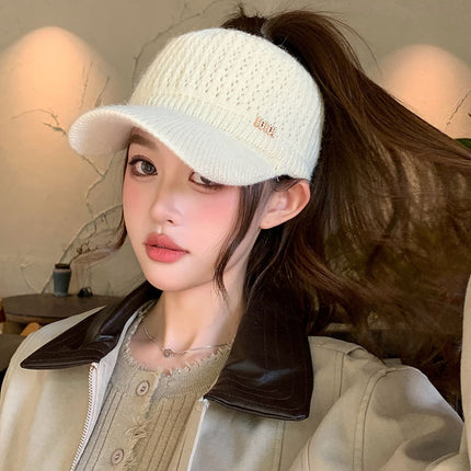 Winter Cycling Warm Windproof Rabbit Fur Digital Label Knit Visor Cap for Women Autumn Face-Slimming