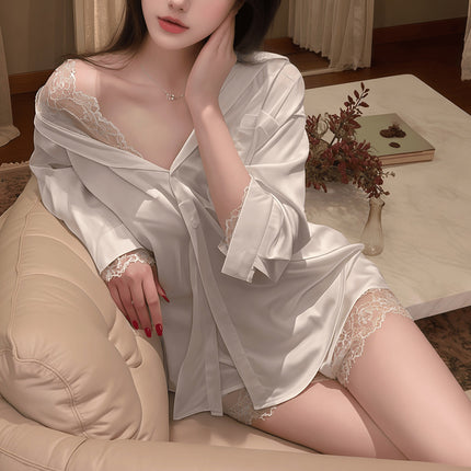 Sexy Pajamas Women's Spring and Summer Ice Silk Boyfriend Style Shirt Shorts Temptation Lace Mid-Length Home 346 Set