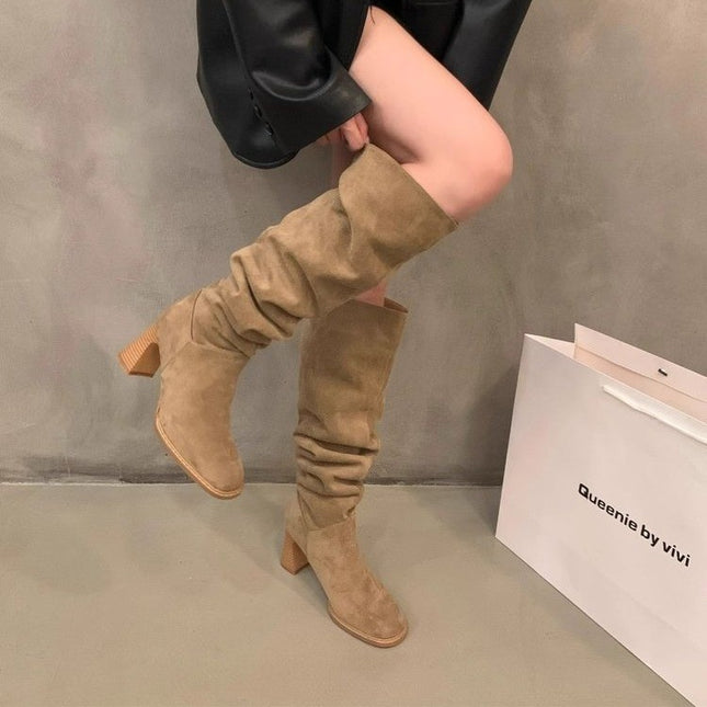 Women's Autumn Boots with Wide Calf Circumference, Square Toe, Long Slim Boots, Retro Style, Pleated Chunky Heel, High Tube Long Boots