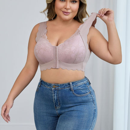 Cross-Border Front Buckle Large Size Lace Sexy Bra Push-Up Underwear Adjustable Wire-Free European and American Thin Bra for Women