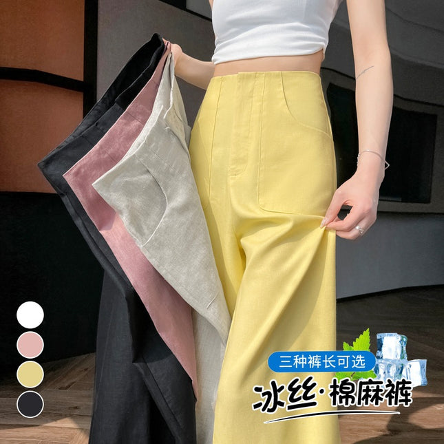 2025 New Summer Style Tencel Linen Wide-Leg Pants Ice Silk High-Waist Sun Protection Cotton and Linen Casual Pants for Women