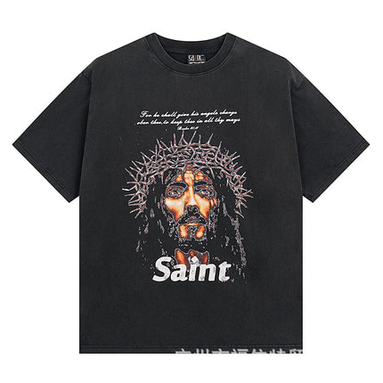 Saint Michael Cho Big Face European and American Retro Washed and Distressed Commemorative Portrait Short-Sleeved T-Shirt Trendy