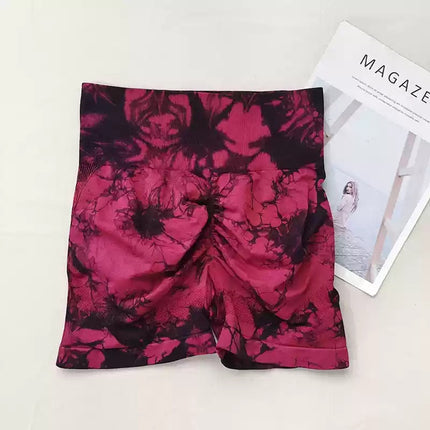 Seamless Fitness Suit High-Waisted Tie-Dye Women's Tight Peach Butt-Lifting Shorts European and American Quick-Drying One-Shoulder Bra Two-Piece Set
