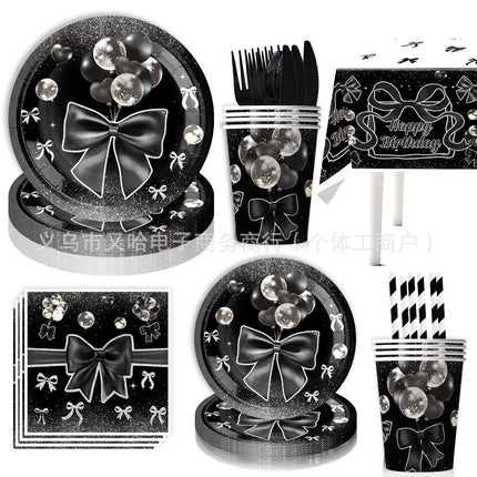 Cross Border Black Bow Party Decoration Tableware Paper Plate Tissue Package Banner Spiral Girl Birthday Party Supplies