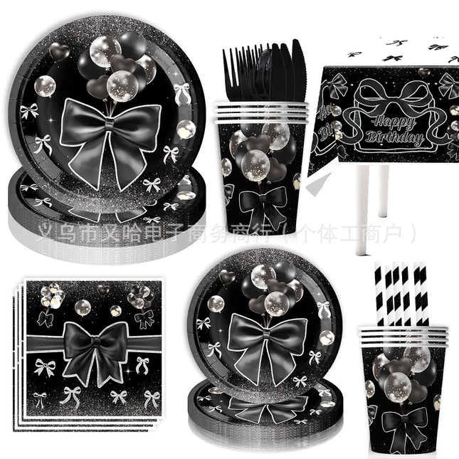 Cross Border Black Bow Party Decoration Tableware Paper Plate Tissue Package Banner Spiral Girl Birthday Party Supplies