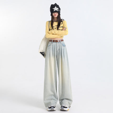 Korean Style Pleated Loose Wide Leg Jeans Women's 2024 Autumn New High Waist Drape Slimming All-match Straight Pants