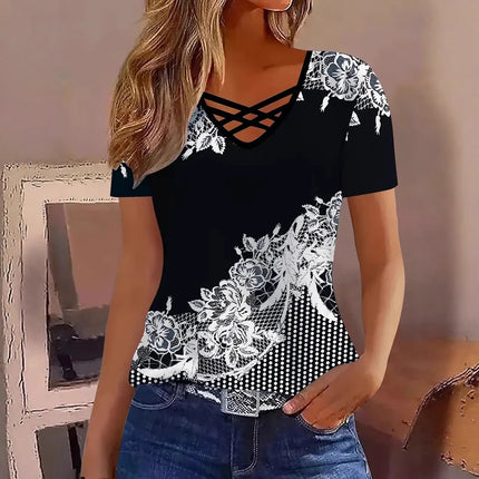 European and American 2025 Amazon TEMU Spring and Summer Explosions Color Crossover V-neck Striped Elegant Casual Short-sleeved T-shirt for Women