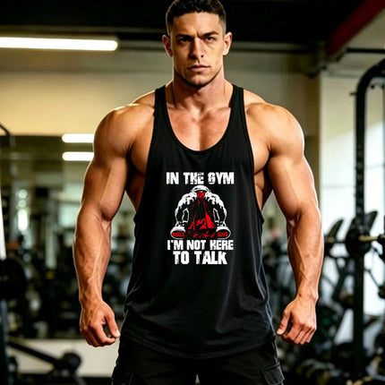 Summer Men's Vest Thin Strap Sports European and American Bodybuilding Fitness T-shirt Printed logo Waistle I-Shoulder Loose Men