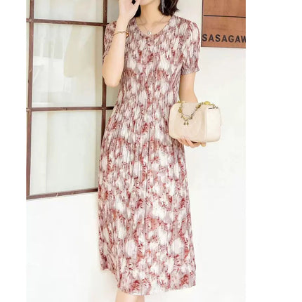Miyake pleated 2025 summer new temperament round neck printed pleated skirt fashion waist thin magic dress