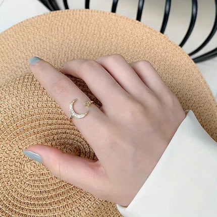 Korean and Japanese New Style High-End Cross-Border Favorite Micro-Inlaid Zircon Five-Pointed Star Moon Ring for Women, Elegant Open Ring Jewelry