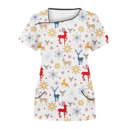 Cross-Border Aliexpress Amazon Women's Short-Sleeved Christmas Positioning Printed Flap Pocket Pants Top Scrub Clothes T-Shirt