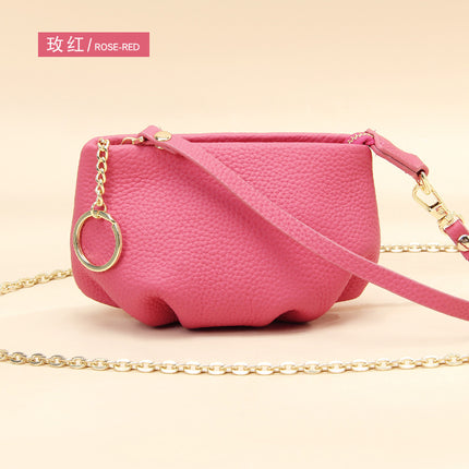 New pleated coin purse storage bag women's leather soft cowhide fashion portable crossbody chain small wallet mini