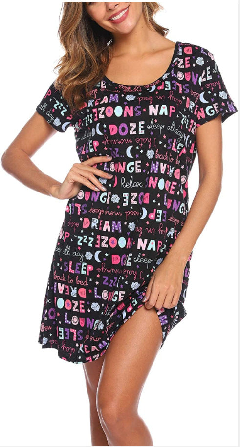 2025 European and American Amazon Spring and Summer New Short-Sleeved Cartoon Printed Nightgown Home Wear Women's Casual Style Dress