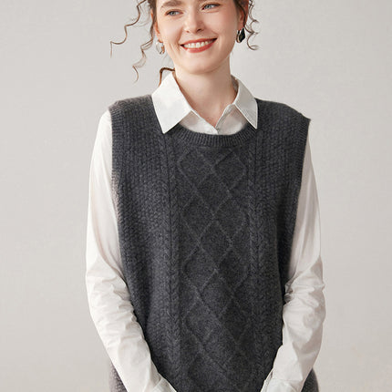 Autumn and Winter Cashmere Vest for Women, Round Neck, Thickened, Short Front and Long Back, Loose Fit, Sleeveless, Back Slit, Knitted Sweater