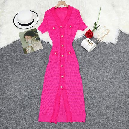 S Brand European and American Cross-Border Spring/Summer New V-Neck Short-Sleeve Dress 2026 French Socialite Women's Clothing Waist-Cinching Slit Long Dress