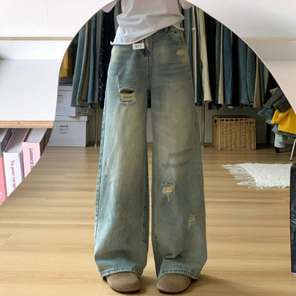 American Retro Ripped Wide-Leg Jeans for Women, Petite High-Waisted Loose Slimming Straight-Leg Floor-Length Pants Trendy