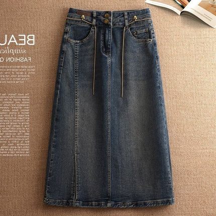 2025 Spring and Summer New Retro Slit Denim Skirt Pear-Shaped Figure High Waist Covering Flesh and Slimming Look A-Line Hip Skirt