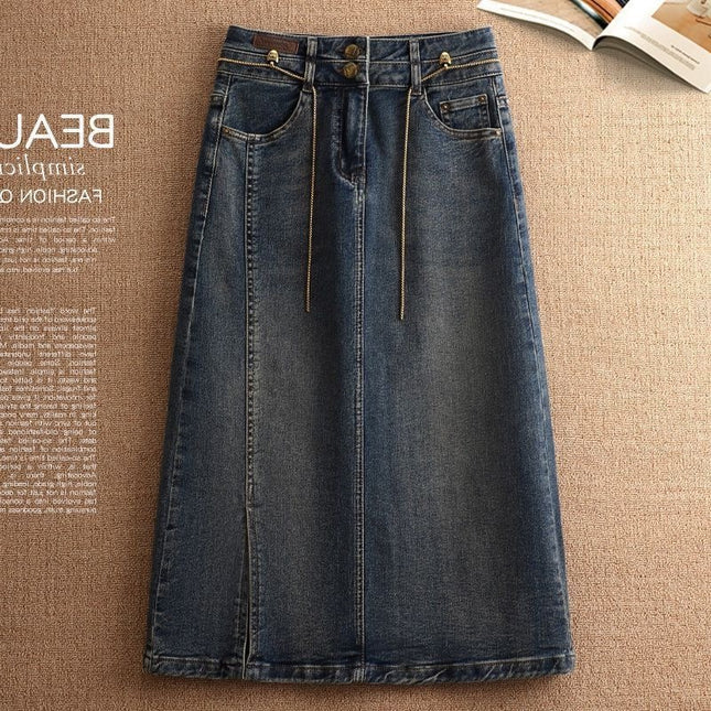2025 Spring and Summer New Retro Slit Denim Skirt Pear-Shaped Figure High Waist Covering Flesh and Slimming Look A-Line Hip Skirt