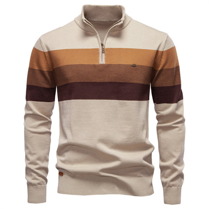 Fashionable Cross-Border Autumn and Winter Men's Half-Zip Sweater, Striped Patchwork Knitwear in Khaki Green