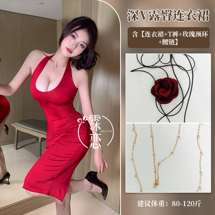 French Sexy Nightgown for Party, Deep V Breast-Revealing Dress, Sexy Pure Lust Red Nightgown, Bare Buttocks Sexy Intimates for Women