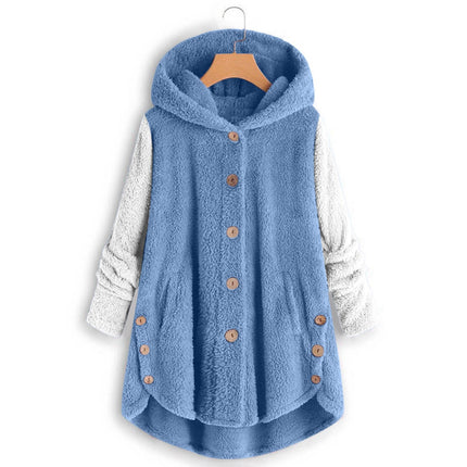 Amazon 2025 Autumn/Winter European and American Style Button-Up Hooded Cat Ear Plush Top Irregular Trendy Patchwork Jacket for Women