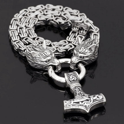 Popular Foreign Trade Viking Wolf Jewelry Stainless Steel Chain Thor Hammer Pendant Necklace Men's Sweater Chain Wholesale Dropshipping