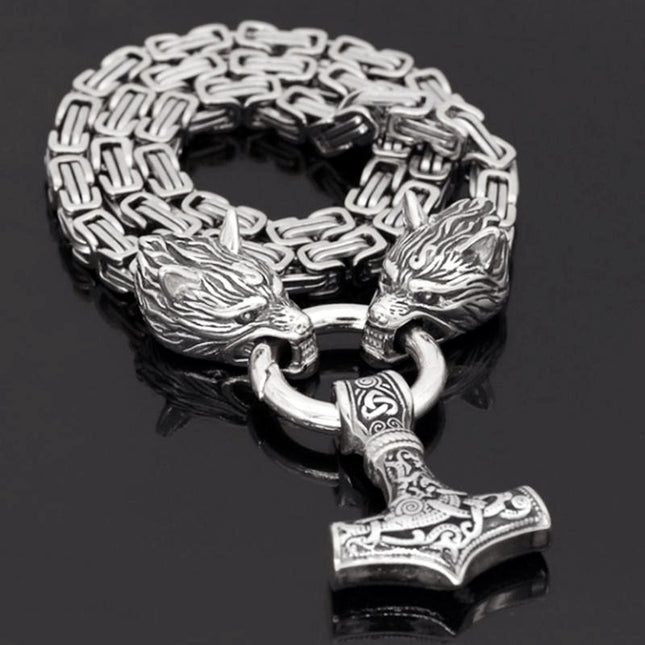 Popular Foreign Trade Viking Wolf Jewelry Stainless Steel Chain Thor Hammer Pendant Necklace Men's Sweater Chain Wholesale Dropshipping
