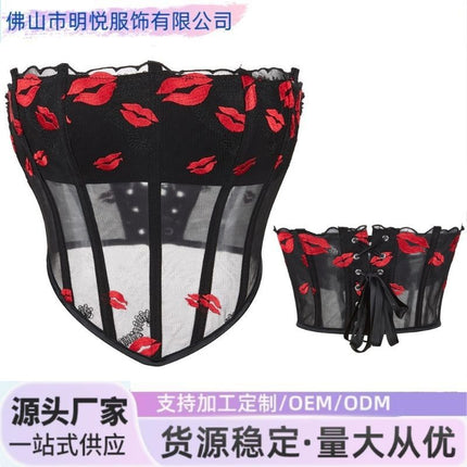 New Mesh Red Lip Print Pattern Women's Tube Top Breathable Palace Top Aliexpress Cross-Border Supply