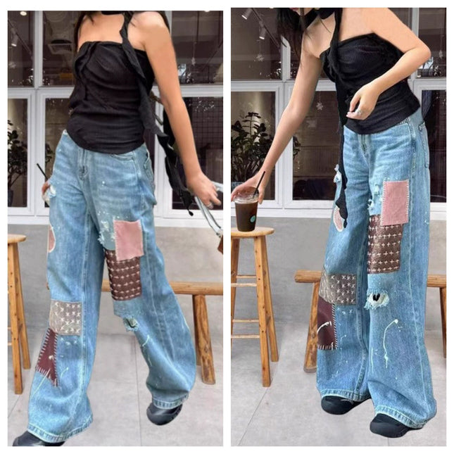 American High Street Design Splatter Print Jeans for Women, New Summer Style, Slimming Ripped Patchwork Floor-Length Pants