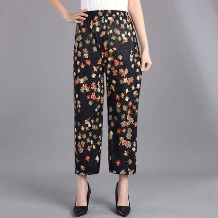 Foreign Trade Plus Size Middle-aged and Elderly Summer Thin Breathable Nine-point Flower Pants Mom Pants Ice Silk Loose Straight Pants
