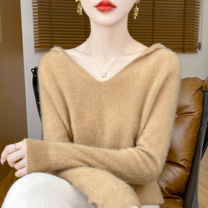 2024100 Soft Waxy Wool Hoodie for Women Manufacturer Wholesale Seamless Long-Sleeved Pullover Knitwear in Stock Fine Wool