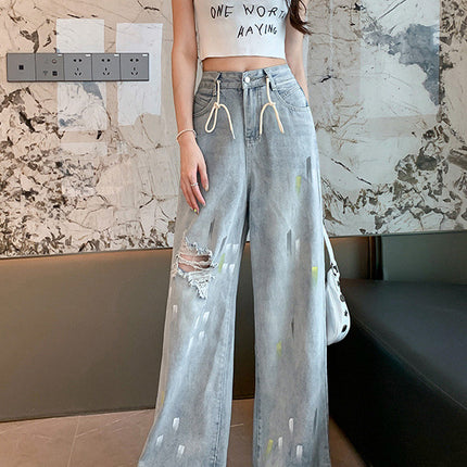 2025 New Light Blue Ripped Jeans for Women Summer Thin High Waist Loose Wide Leg Straight Floor Mopping Pants